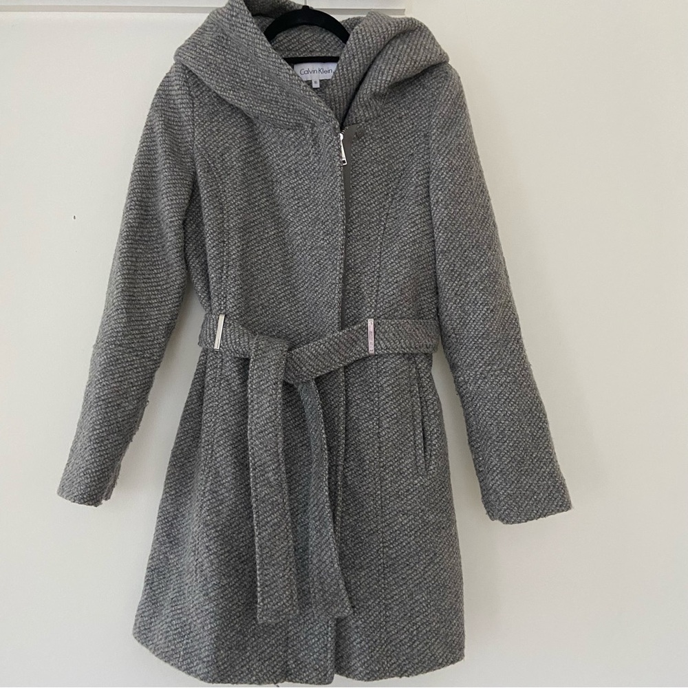 Calvin Klein Long Coat Women XS Hood Gray Herringbone Wool Blend Classic Preppy
